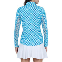 IBKUL Women's Gingham Print Long Sleeve Mock Neck Golf Top - Turquoise/ White