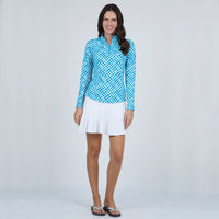 IBKUL Women's Gingham Print Long Sleeve Mock Neck Golf Top - Turquoise/ White