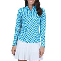 IBKUL Women's Gingham Print Long Sleeve Mock Neck Golf Top - Turquoise/ White