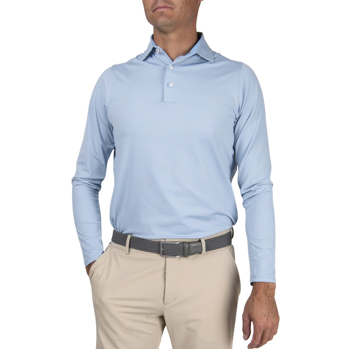 KJUS Soren Stripe Long Sleeve Golf Polo Shirt - Bermuda/Alloy