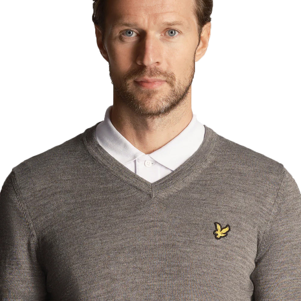 Lyle & Scott Golf Merino Blend V Neck Pullover - Mid Grey Marl