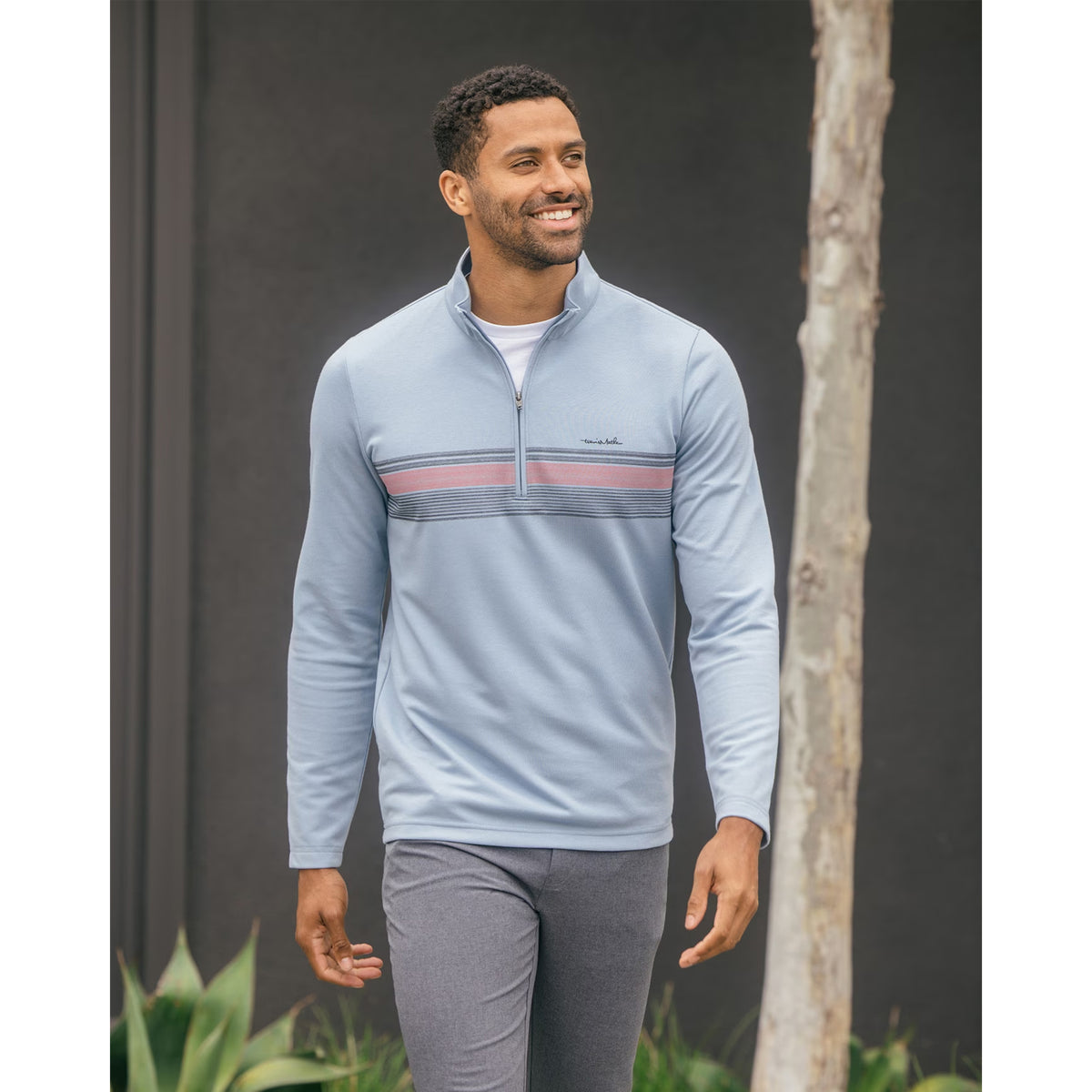 Travis Mathew Upgraded Striped Golf Quarter Zip - Ash Blue Chest Stripe