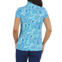 IBKUL Women's Krista Print Short Sleeve Zip Mock Neck - Blue/Turquois