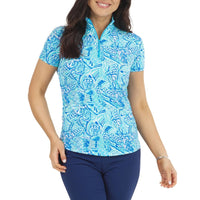 IBKUL Women's Krista Print Short Sleeve Zip Mock Neck - Blue/Turquois